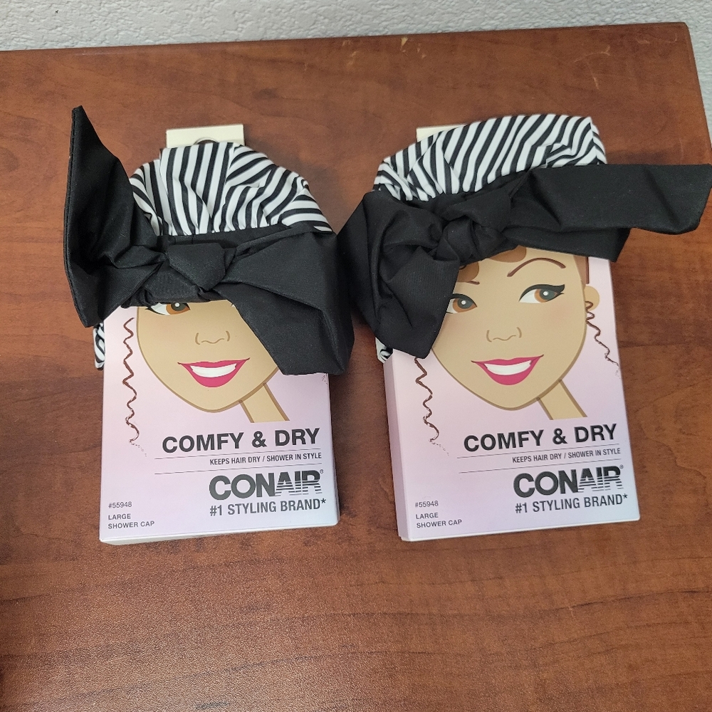 Conair Black and White Striped Shower Cap - 2 Set